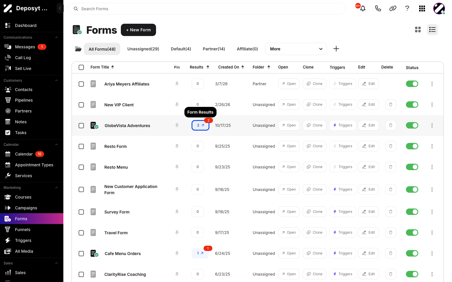 Step 2:  You will then be navigated to Forms. Click on the Form Results Icon under the results column.