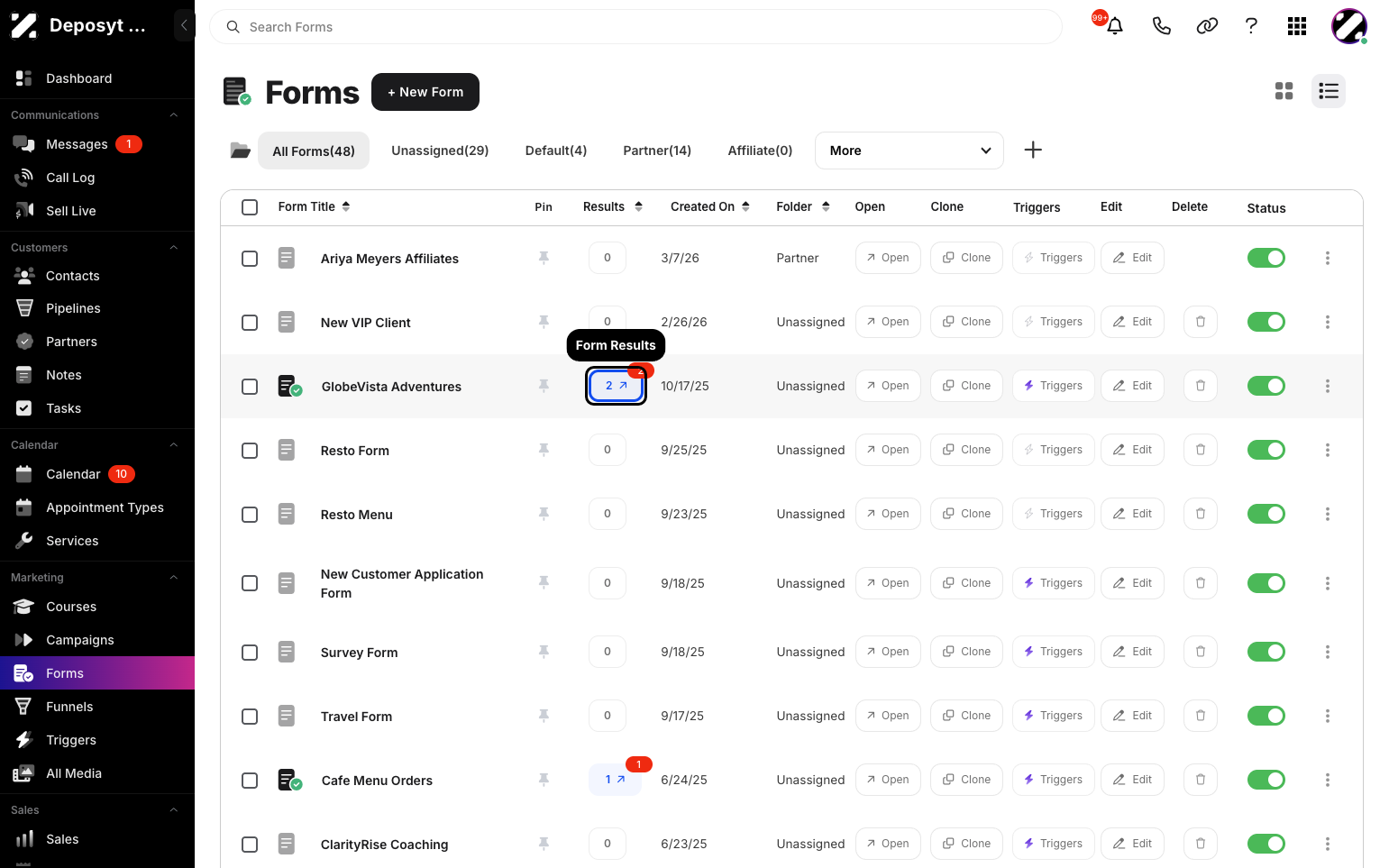 Step 2: You will then be navigated to Forms. Click on the Form Results Icon under the results column.