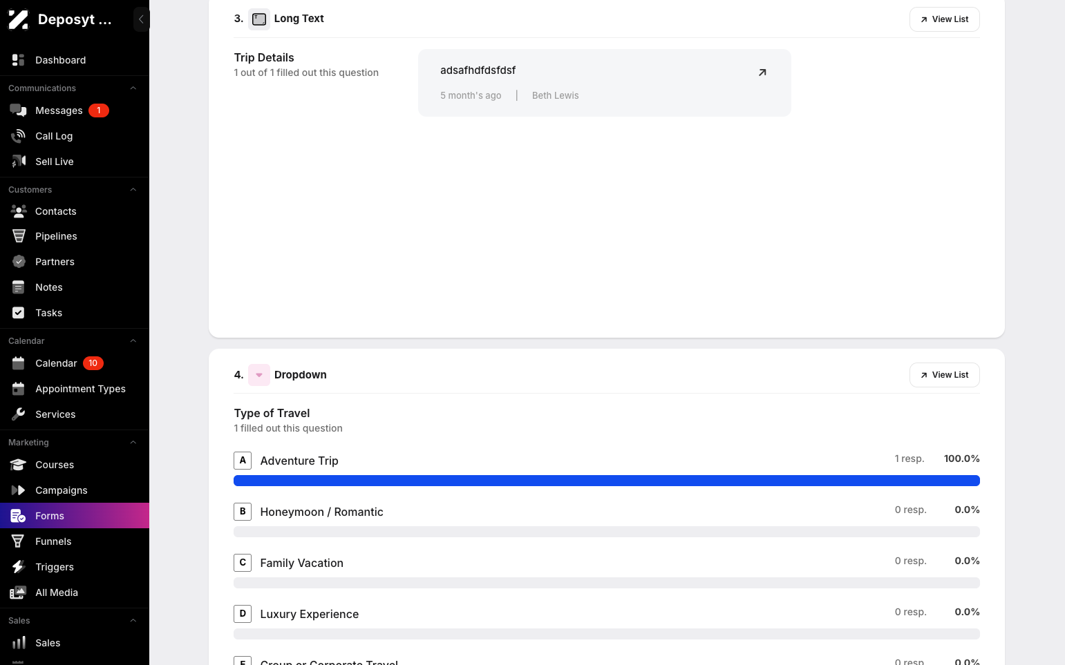 Step 12: You can view long-text answers, dropdown responses, and the percentage of respondents who selected each choice.