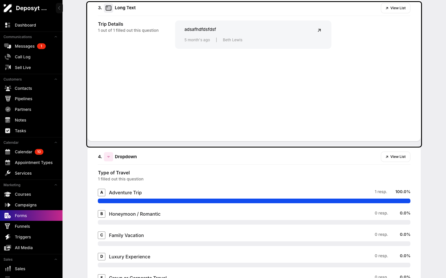 Step 12: You can view long-text answers, dropdown responses, and the percentage of respondents who selected each choice.