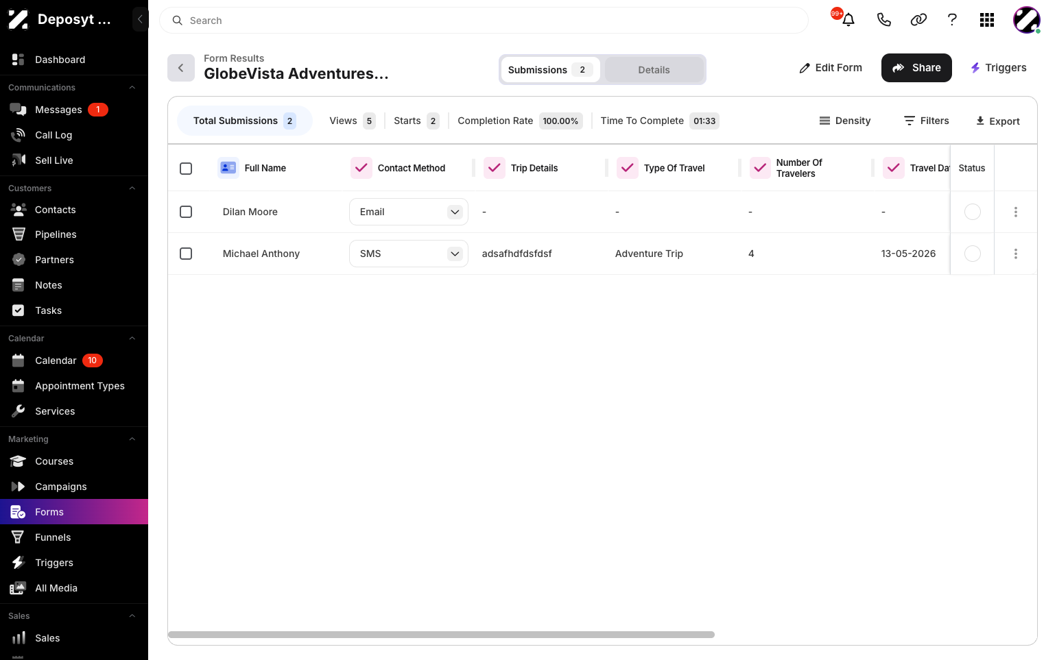 Step 9: Click the Details tab to view the form result details.