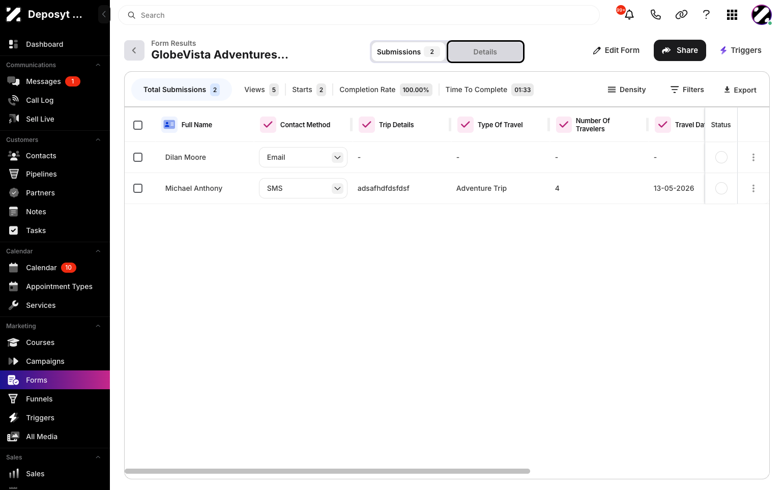 Step 9: Click the Details tab to view the form result details.