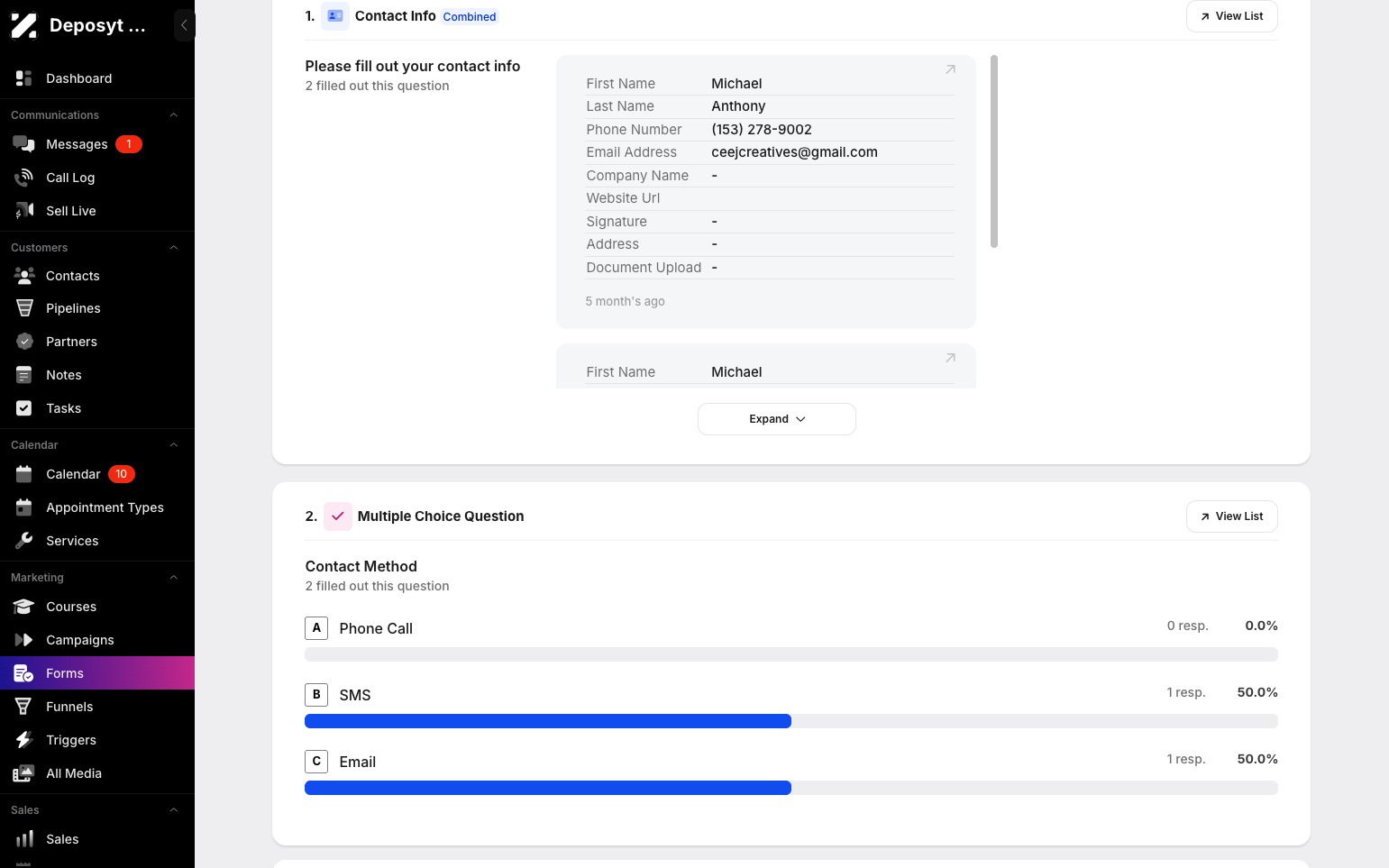 Step 11: You can also view the contact information. For this specific form, you can view the multiple-choice questions and the percentage of respondents who selected each choice.