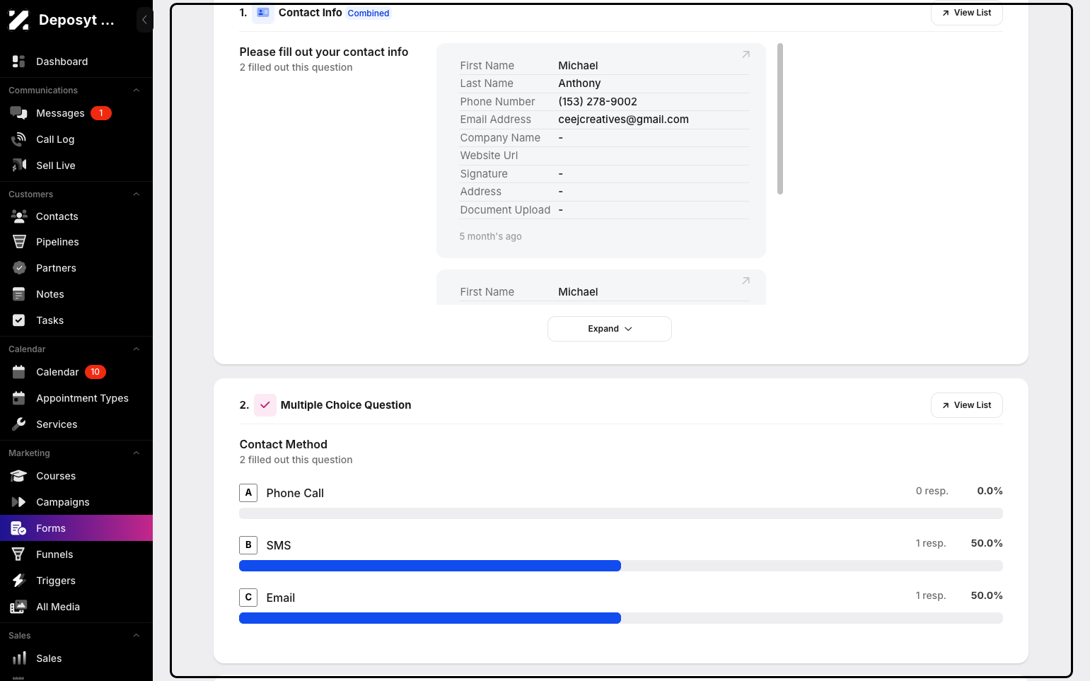 Step 11: You can also view the contact information. For this specific form, you can view the multiple-choice questions and the percentage of respondents who selected each choice.