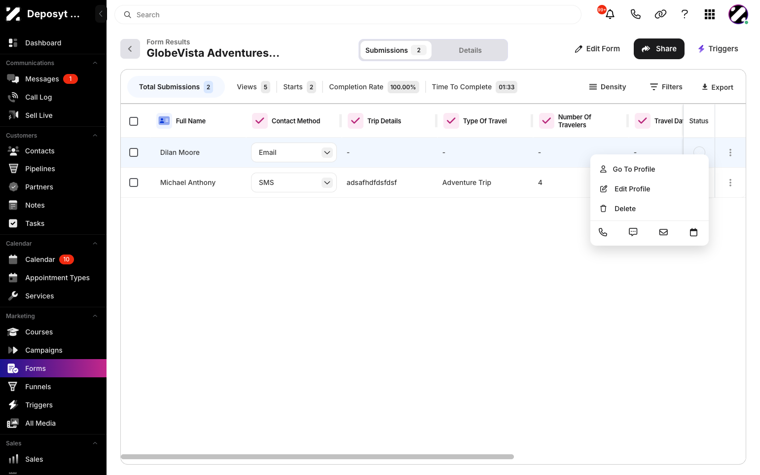 Step 8: Click the three-dot menu button to view more options, such as going to the profile, editing the profile, deleting the entry, or using shortcuts to call, send a message, send an email, or create a booking for the selected customer.