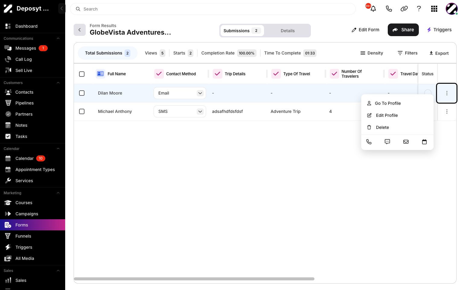 Step 8: Click the three-dot menu button to view more options, such as going to the profile, editing the profile, deleting the entry, or using shortcuts to call, send a message, send an email, or create a booking for the selected customer.