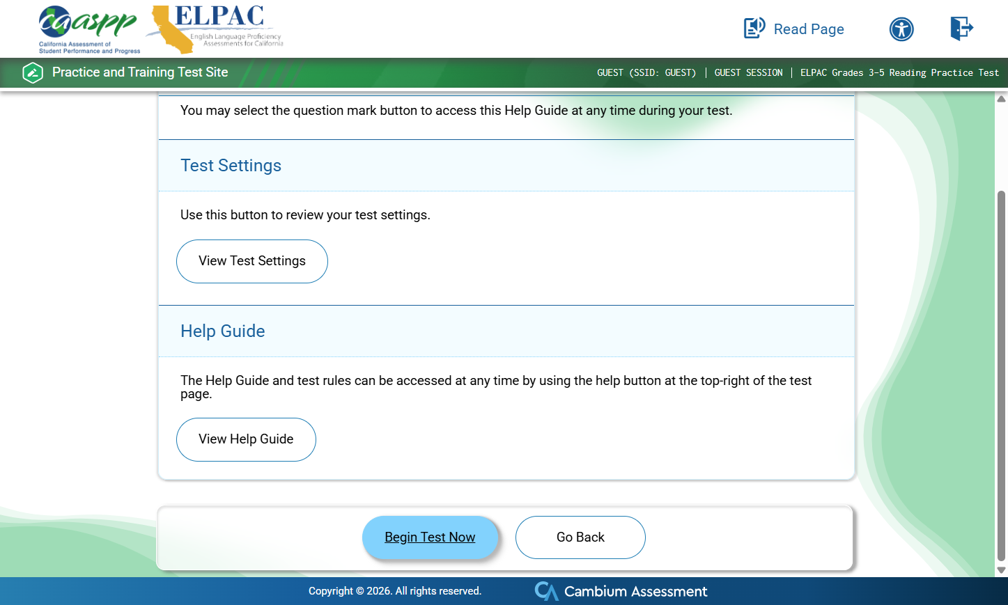 Click on Begin Test Now