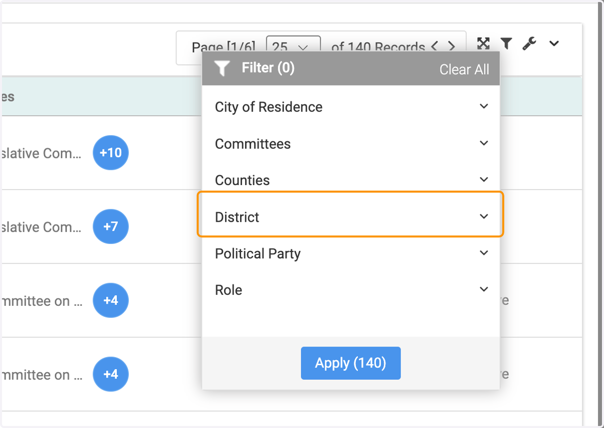 Filter by District, Committees, Political Party, Role, Counties