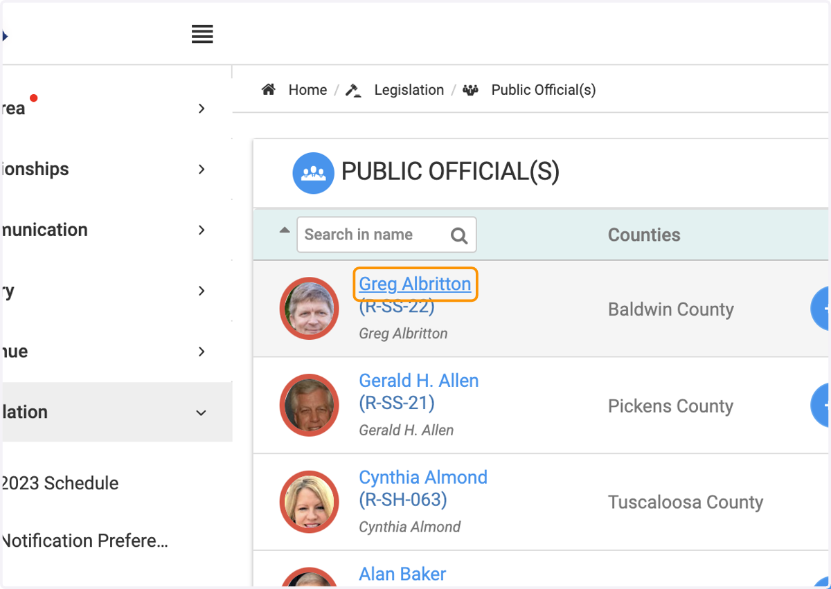 Click on the specific Public Official you aim to review or check