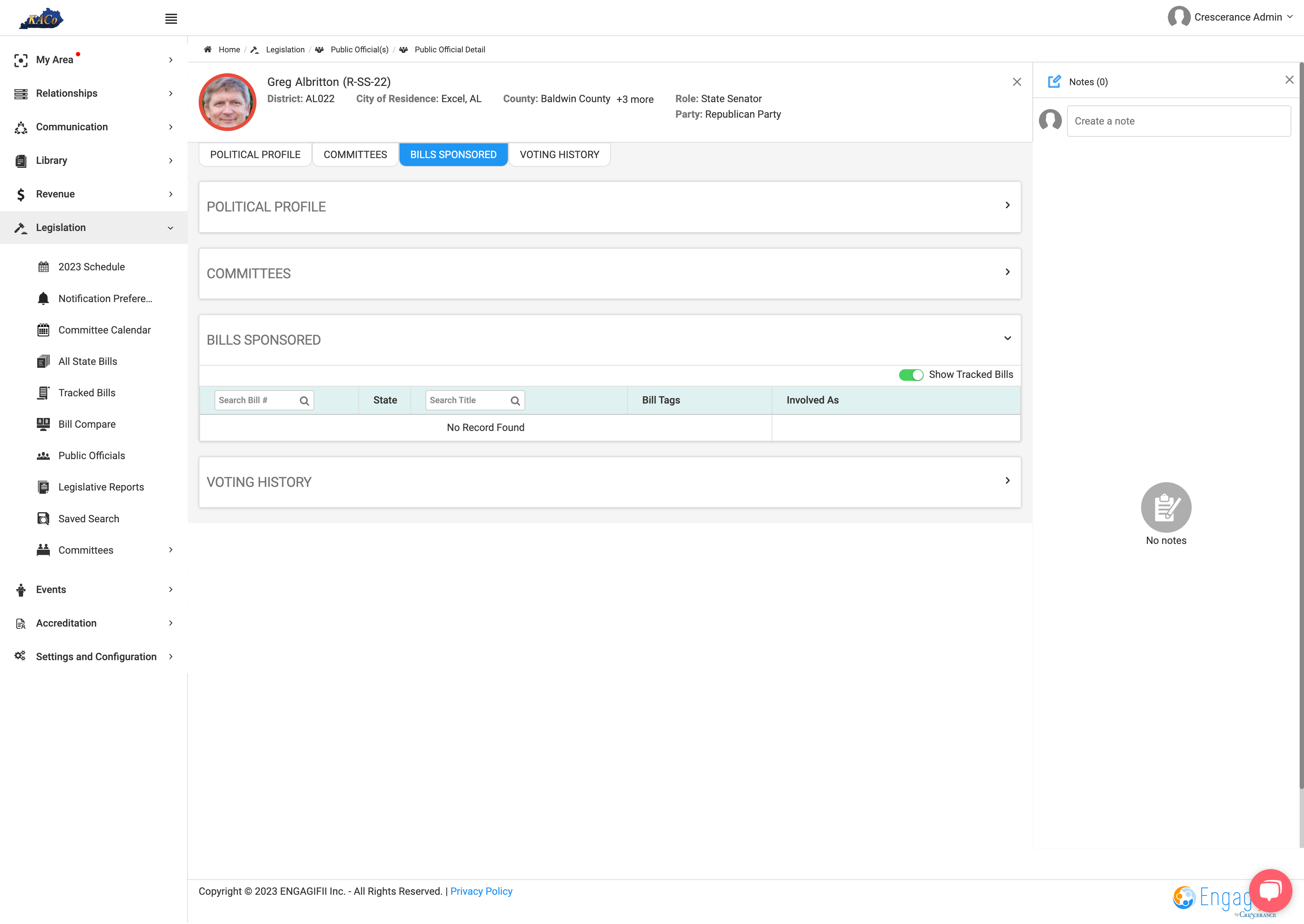 There are 4 tabs that you can review about the Public Officials: Political Profile, the Committees they are on, Bills Sponsored and their Voting History