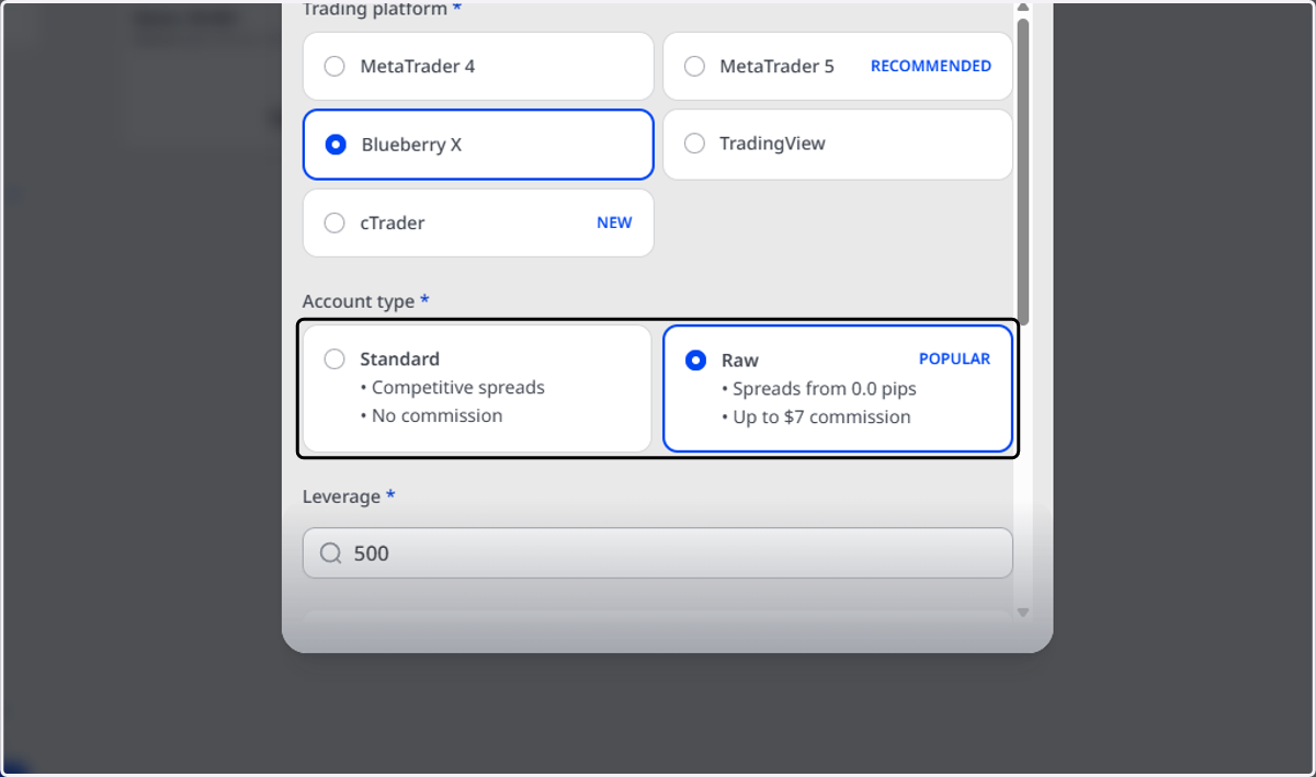 Select your preferred Account Type