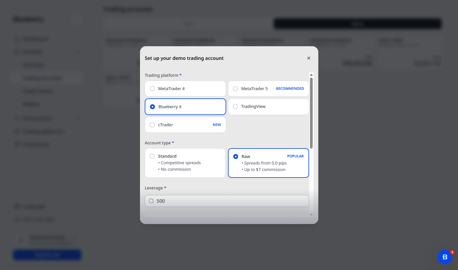 Select BlueberryX as the Trading Platform