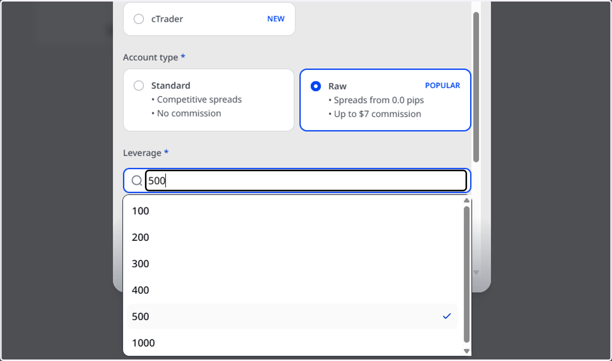 Select your preferred Leverage