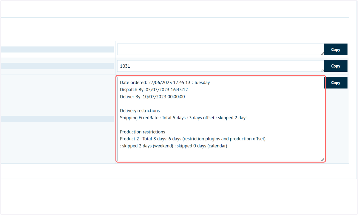 A block of text is available on this screen showing how the production and delivery dates were calculated
