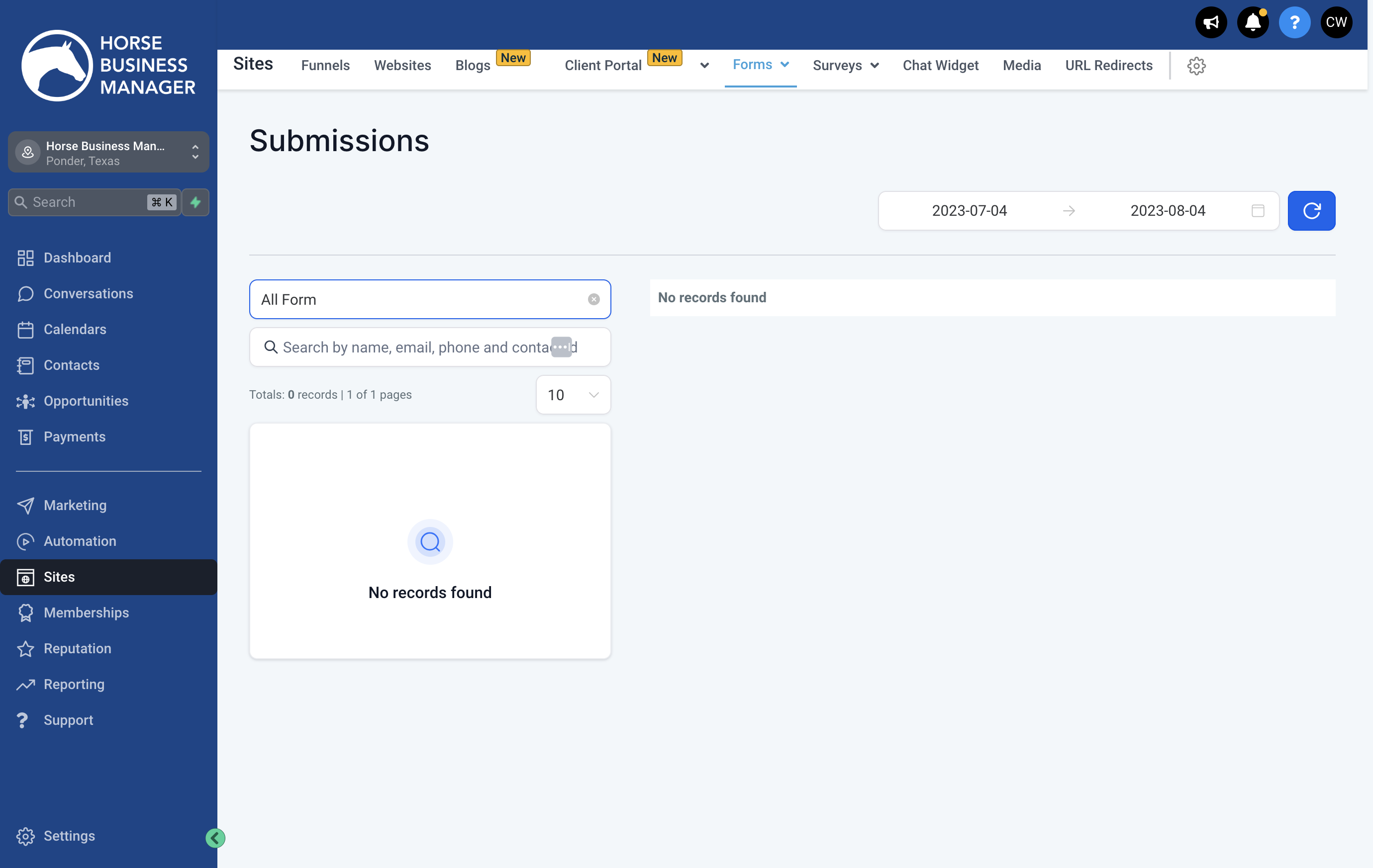 To filter by specific forms, click on All Forms and choose the form that you are looking for