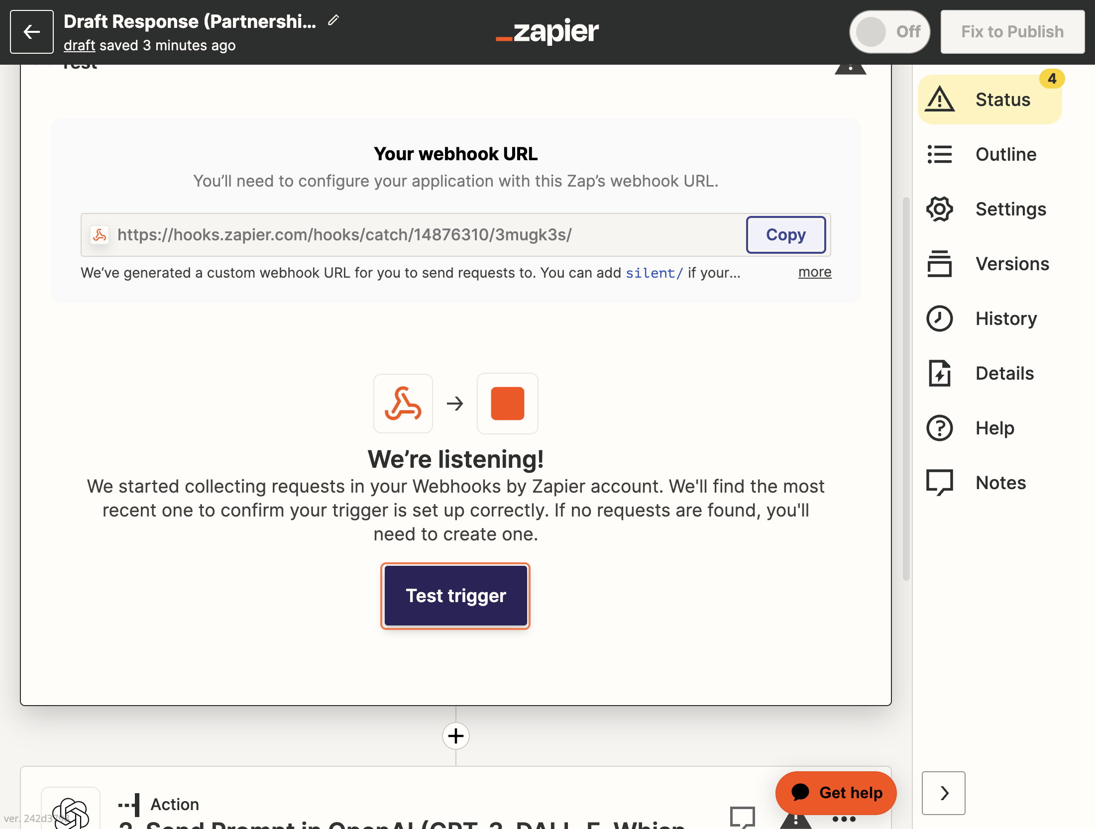Go back to Zapier and Click on Test trigger