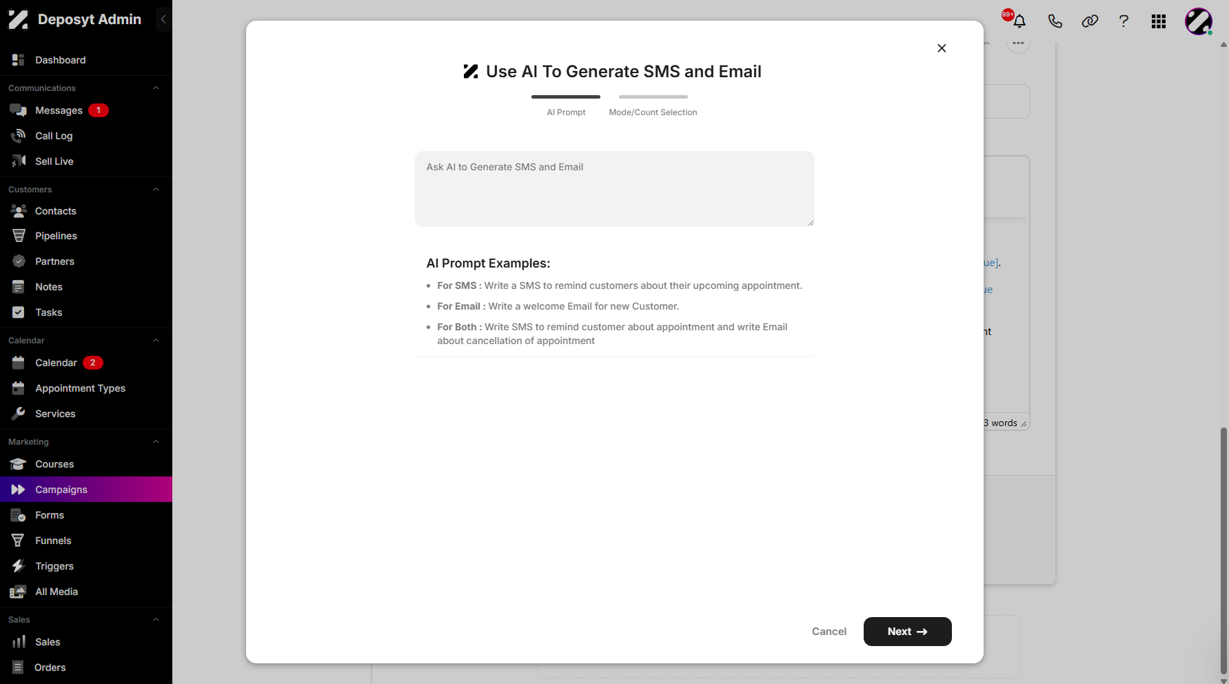 Step 8: A pop-up window will appear, prompting you to use the AI feature to generate a messaging sequence. This could include an email, SMS, or both.