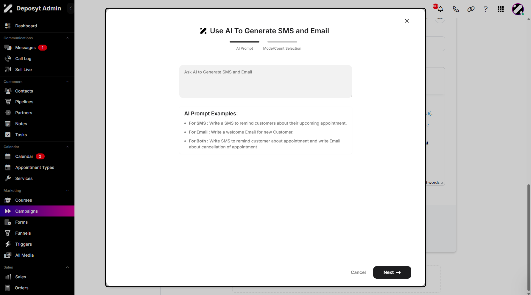 Step 8: A pop-up window will appear, prompting you to use the AI feature to generate a messaging sequence. This could include an email, SMS, or both.