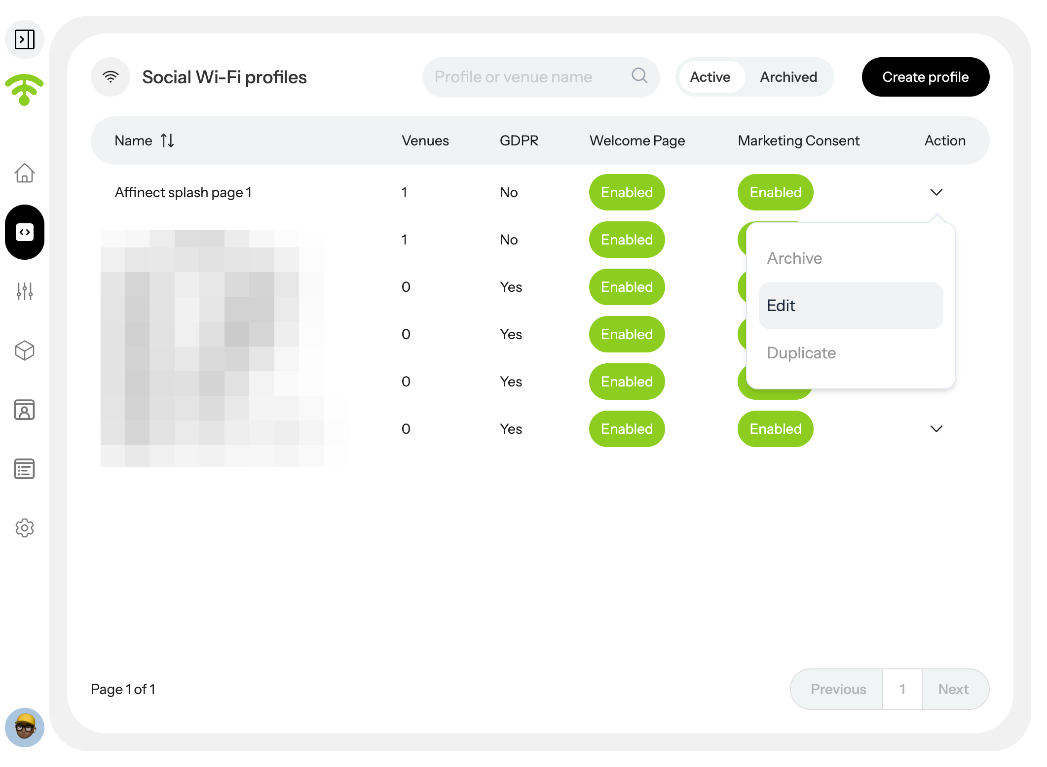 A preview of your social WiFi profiles will appear. Under Actions, click on the profile's drop-down menu you wish to…