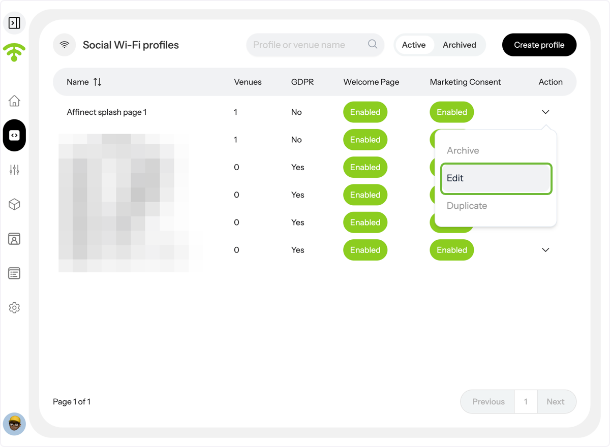 A preview of your social WiFi profiles will appear. Under Actions, click on the profile's drop-down menu you wish to…
