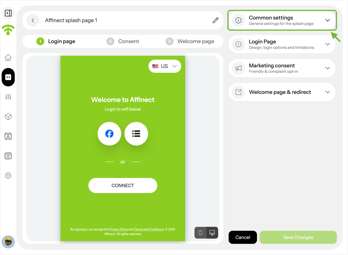 A preview of your splash page will appear with settings on the right-hand side. Click on 'Common settings' to continue.