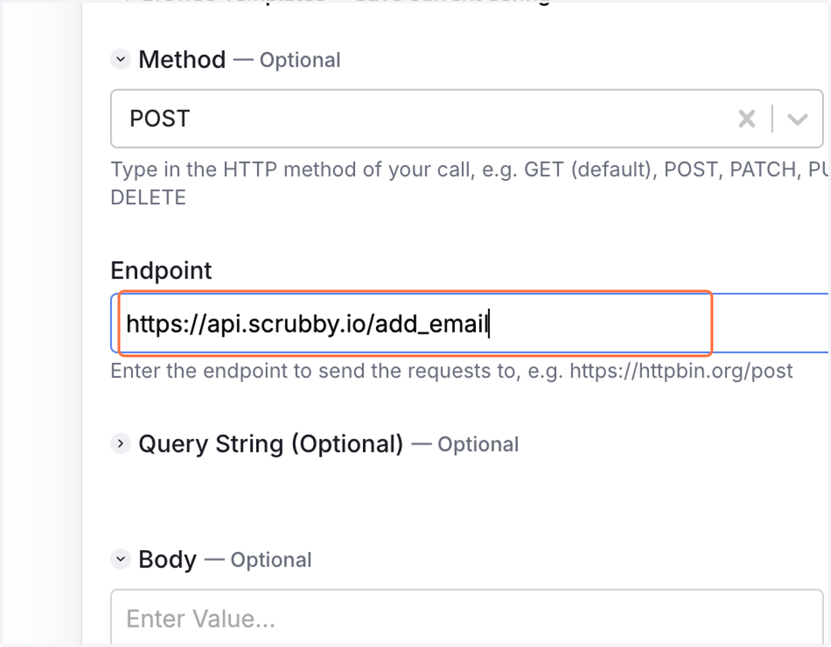 Paste "https://api.scrubby.io/add_email" into element