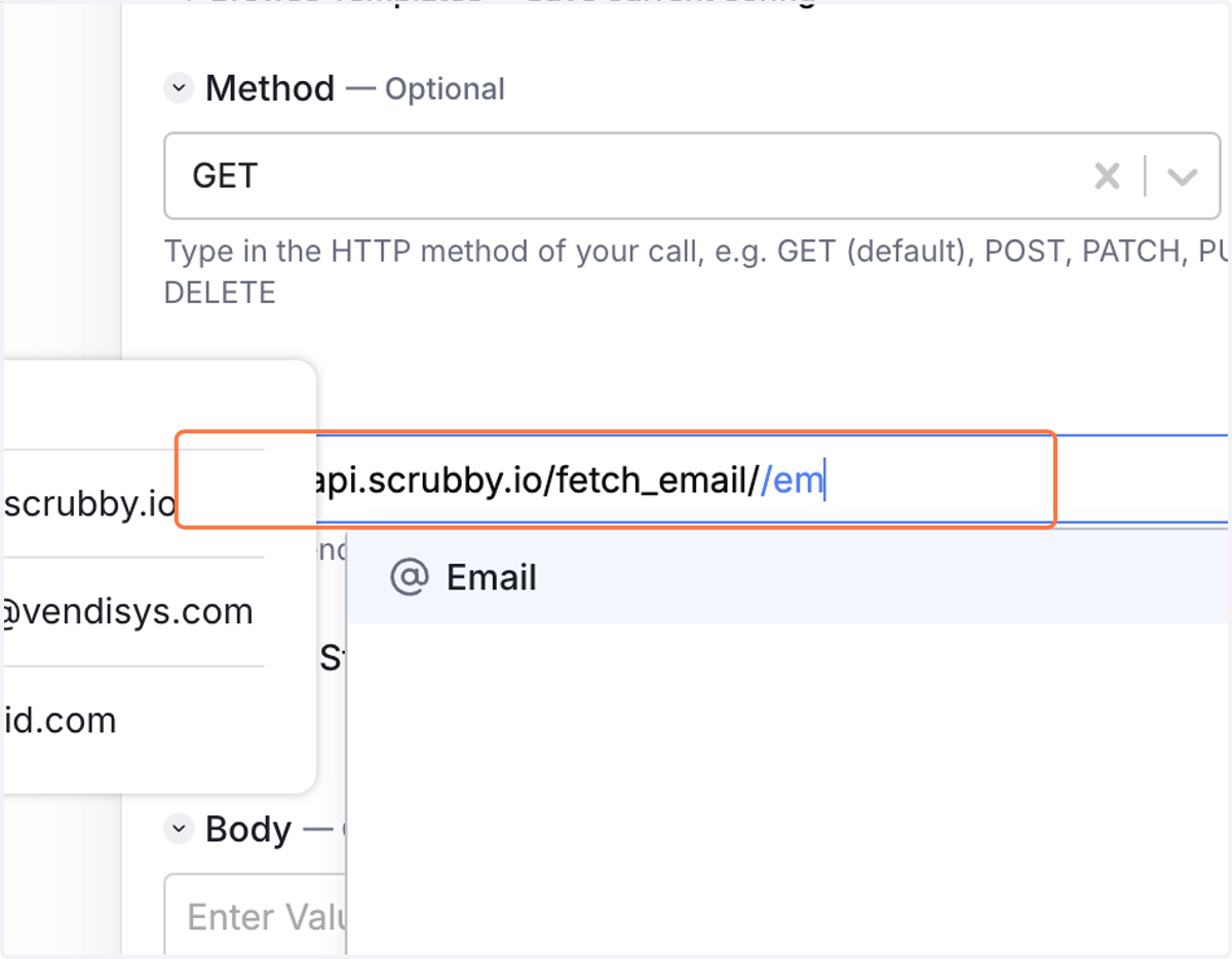 Type https://api.scrubby.io/fetch_email//em