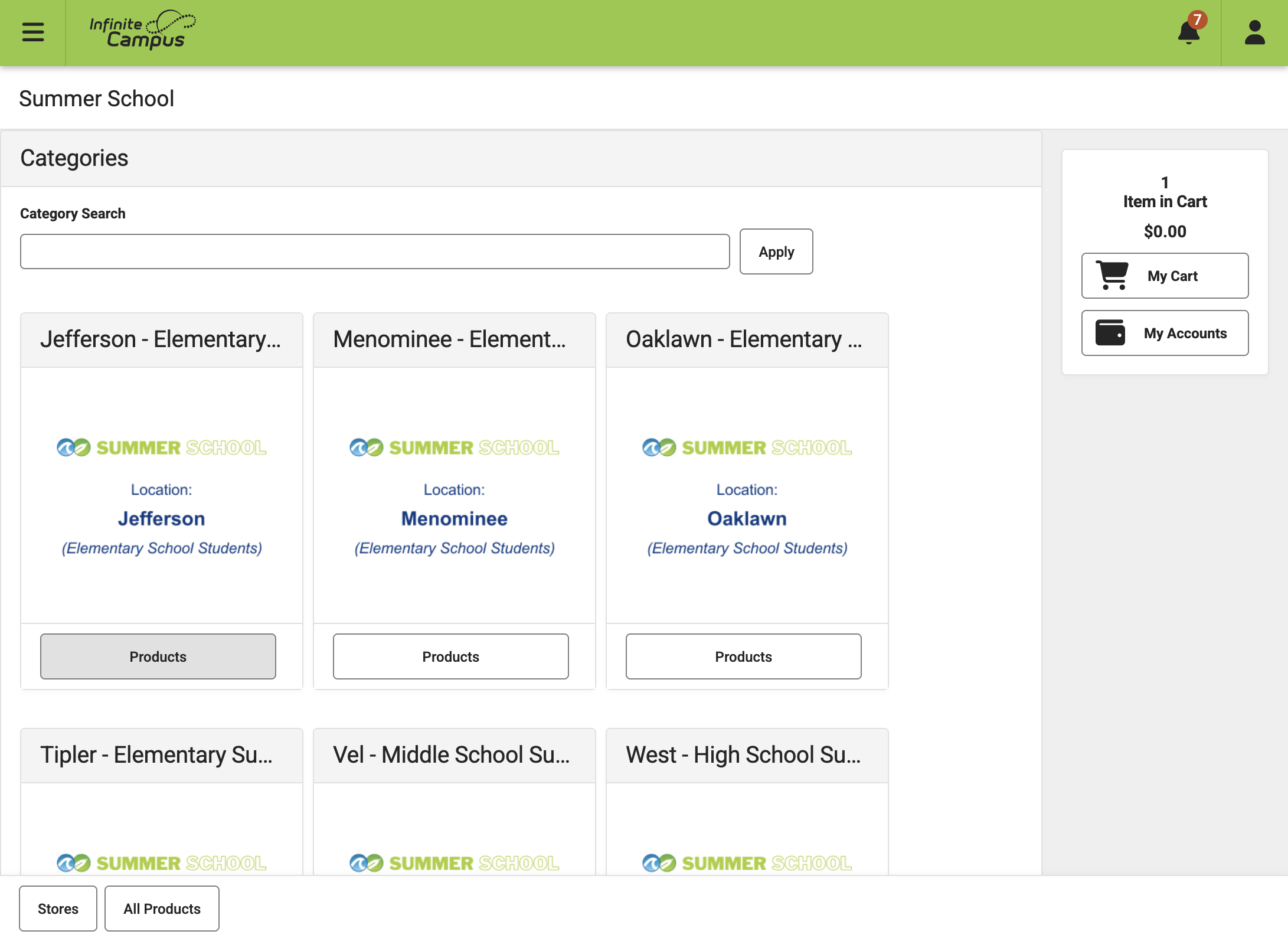 Click on "Products" of the site you wish your child to attend