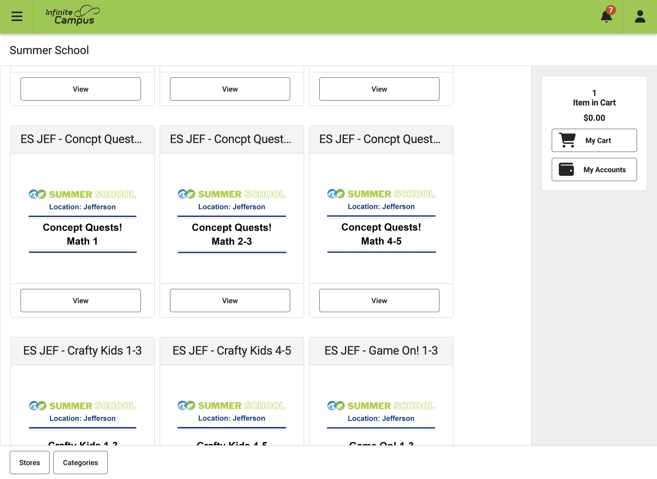 Click on the course you would like your child to participate in - this example is selecting Concept Quests, Math 1st grade