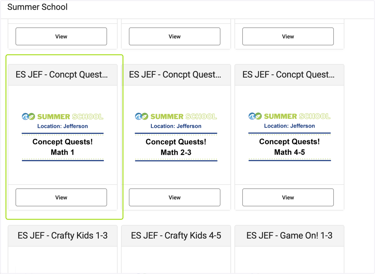 Click on the course you would like your child to participate in - this example is selecting Concept Quests, Math 1st grade