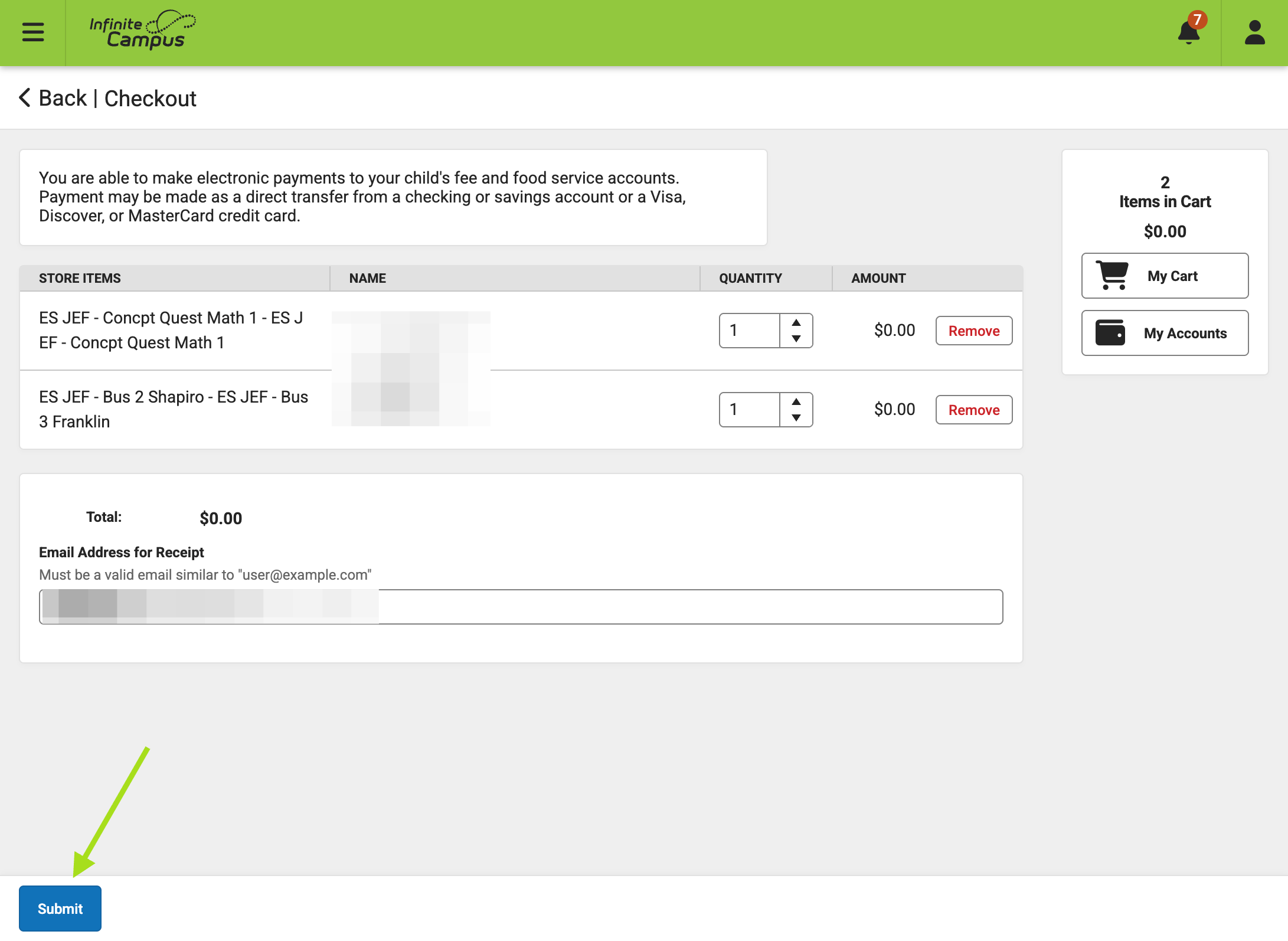 You will see the classes you have added to the cart, once all classes are added, Click on Submit