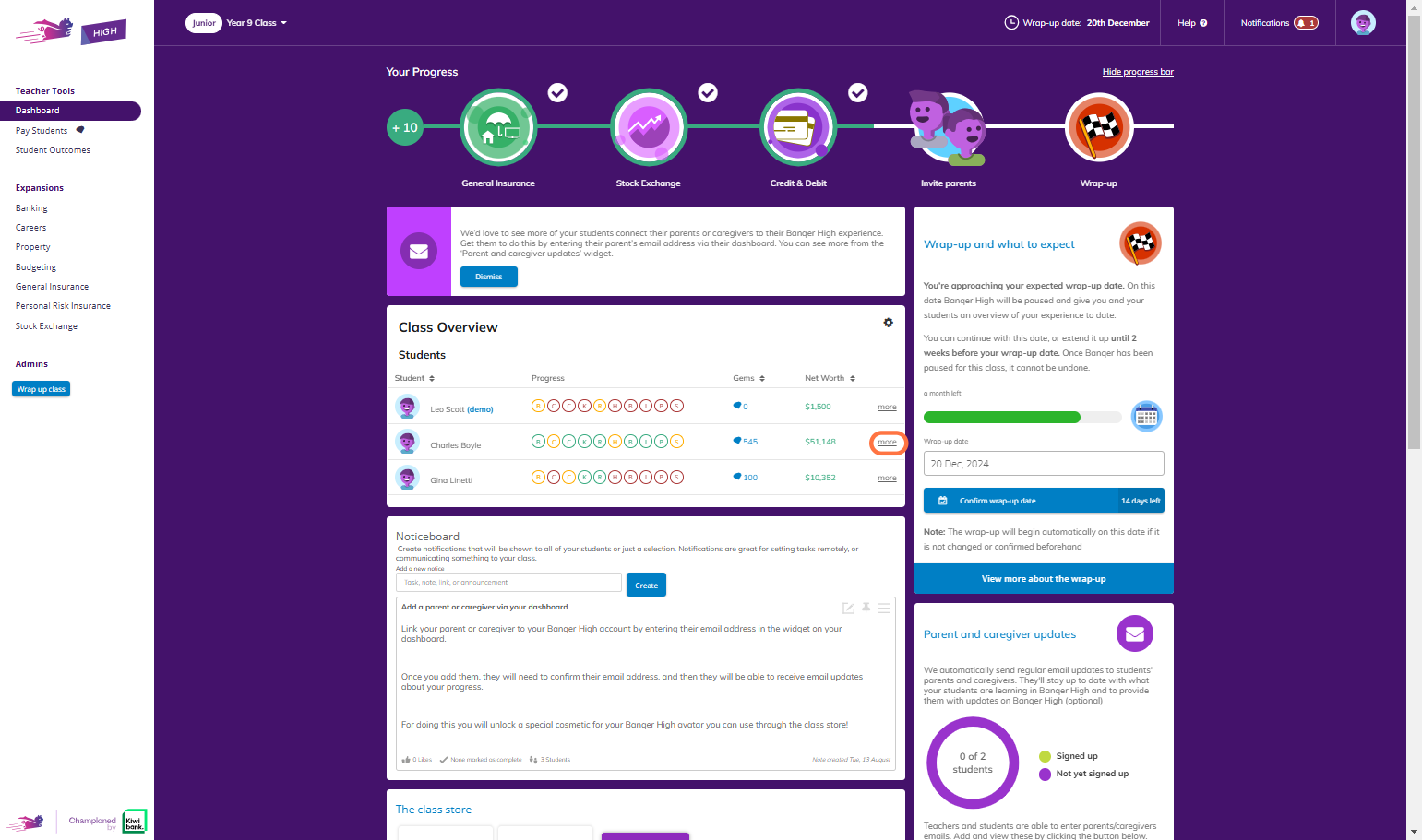 Here you can see a quick snapshot of your students progress, with the icons turning green once all key tasks within that expansion have been completed. To see more detail, click on the More button.