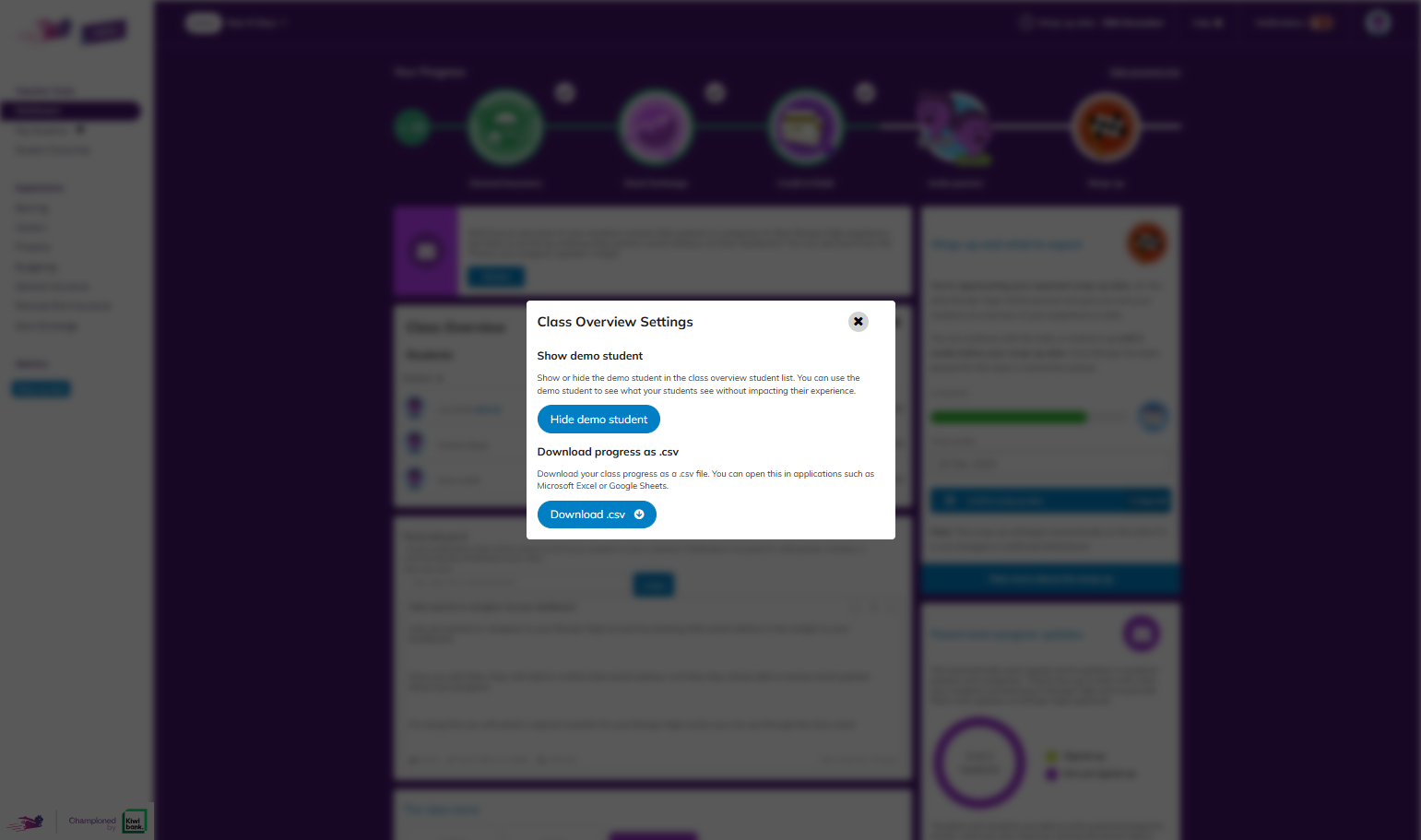 In here, you can download your entire class progress across all expansions and activities in a csv. file.