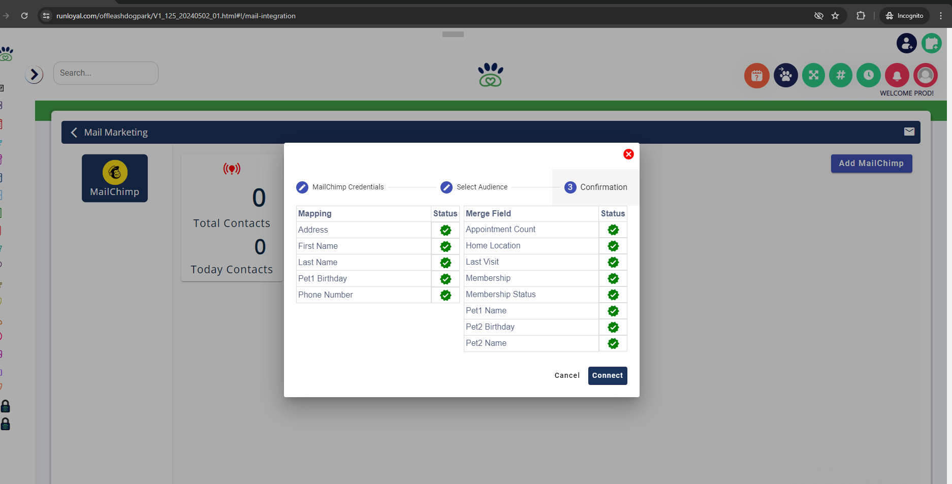Verification: Review the mapped fields and confirmation status. Click "Connect" to establish the connection.