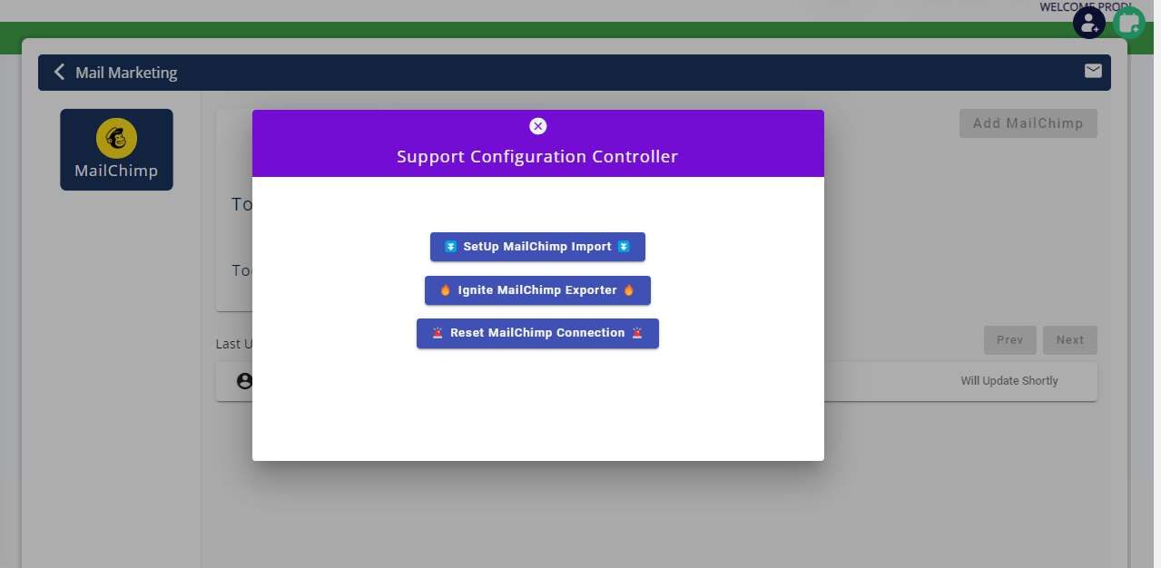 Mailchimp Integration Activation: Click on "Ignite the Mailchimp register" to activate the integration.