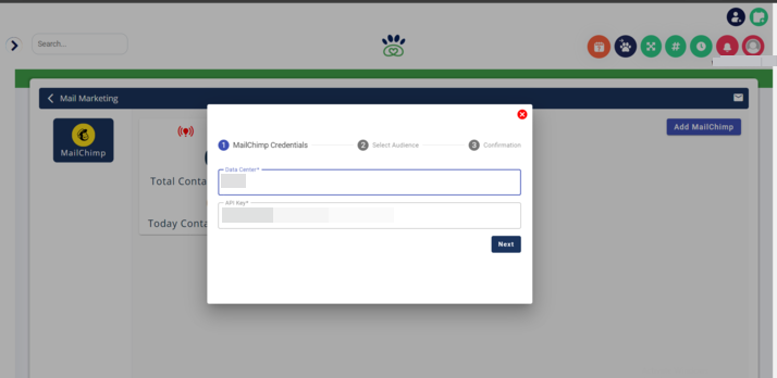 Mailchimp Credentials: Enter your Mailchimp data center and API key. Click "Next" to continue.