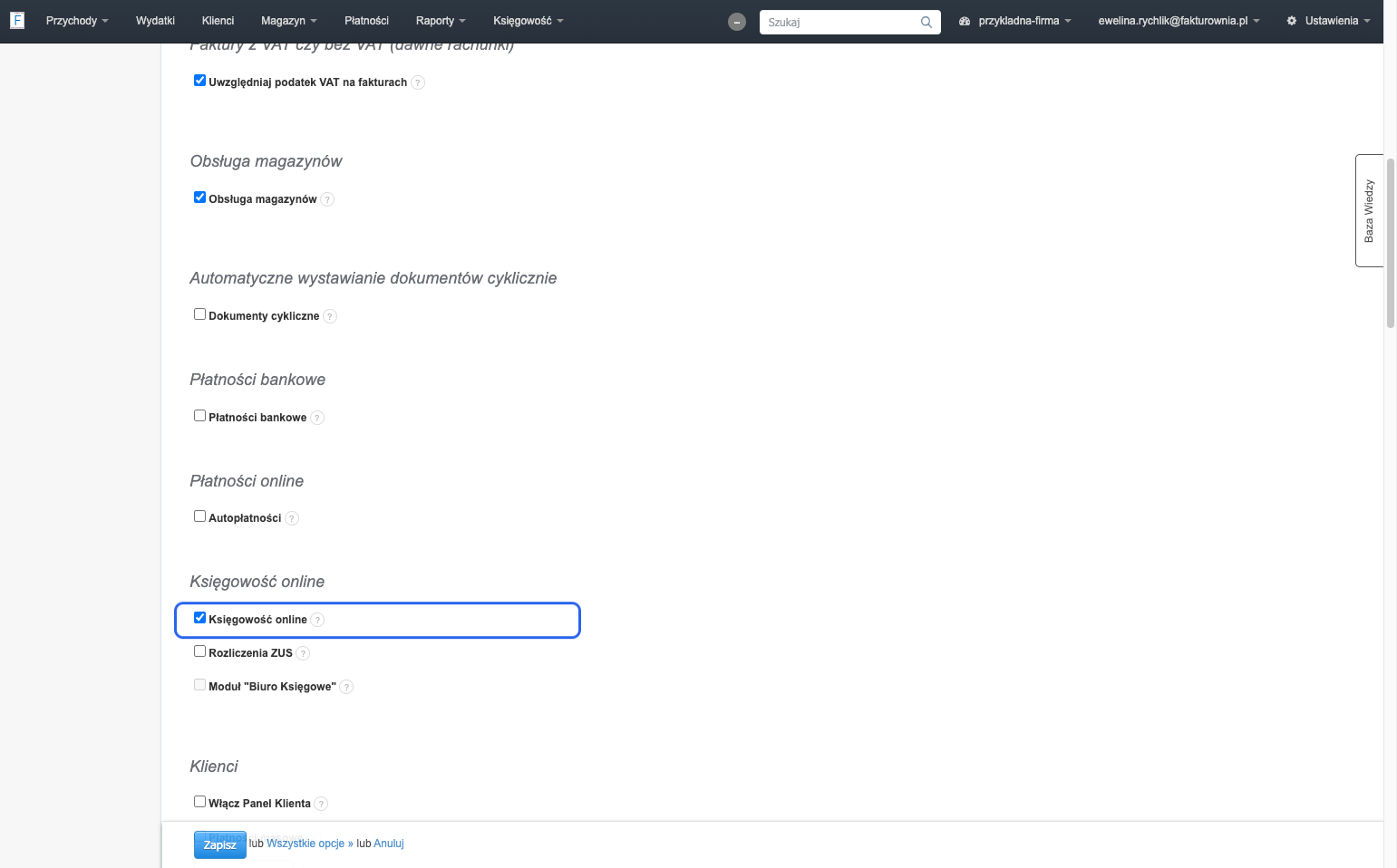 oraz przy włączonej funkcji > Księgowość online