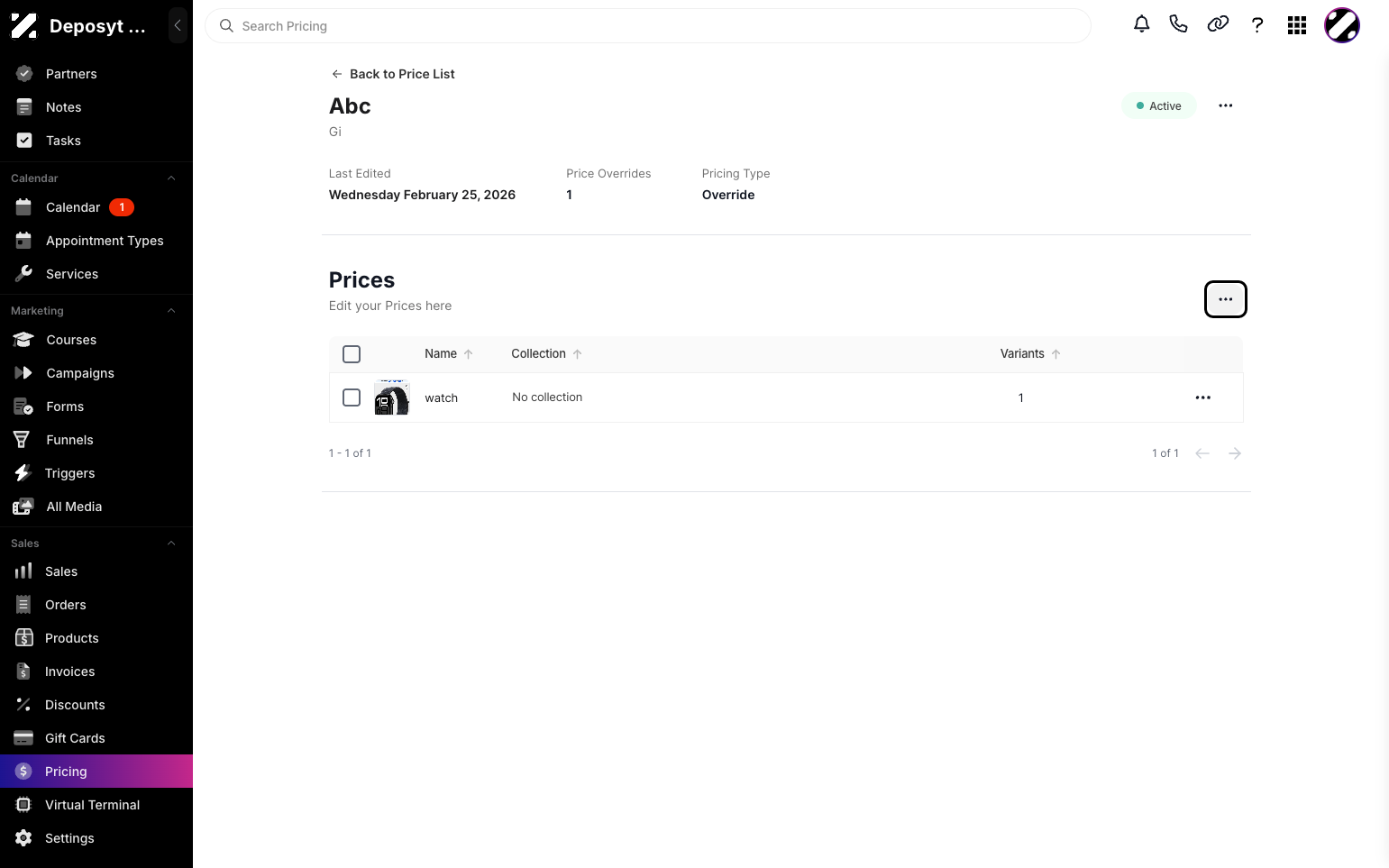 Step 4: Scroll down to Prices and click the three-dot menu in the Prices section.