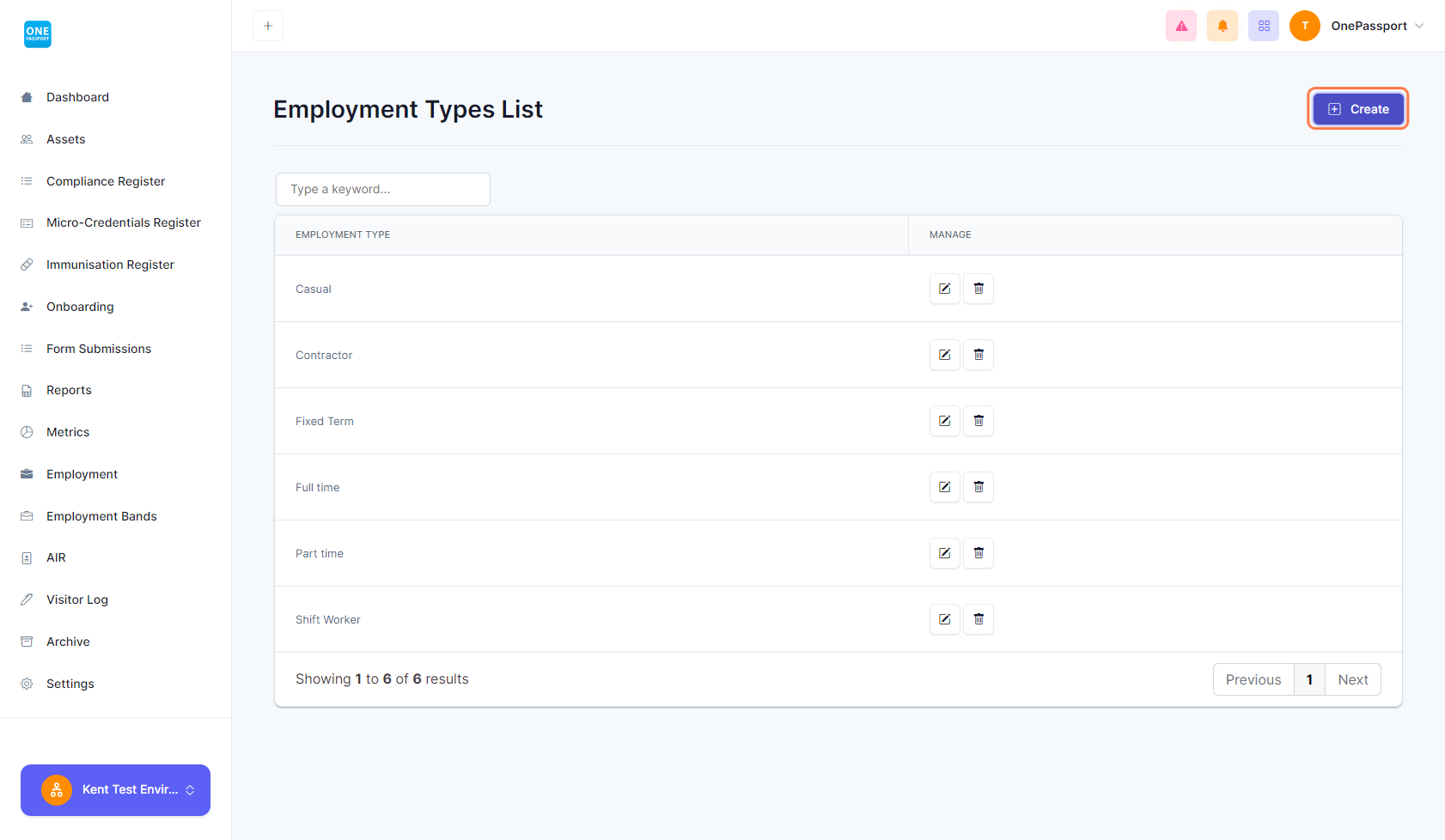 The system has the default list of employment. 
Add employment type by clicking the Create button.
