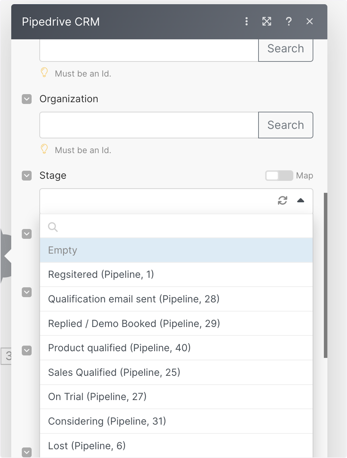 Select a new pipeline 