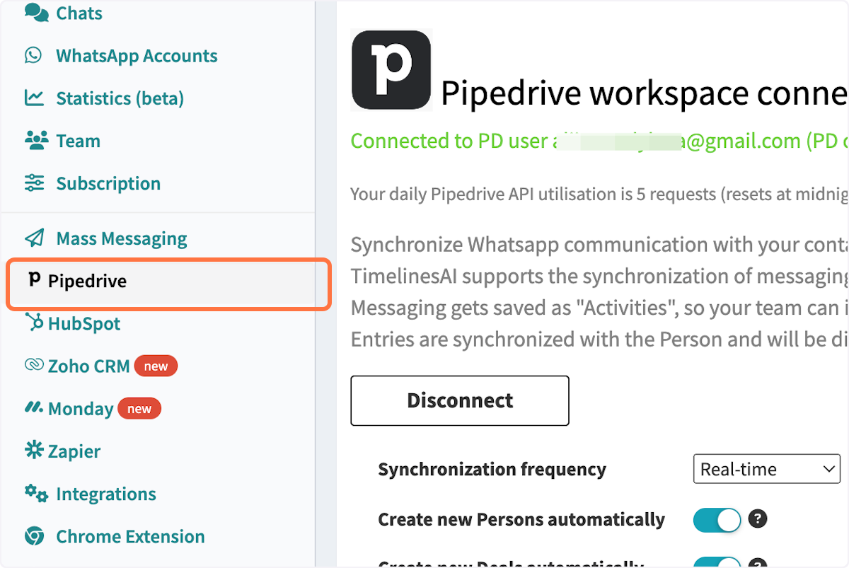 Click on Pipedrive within your TimelinesAI dashboard.