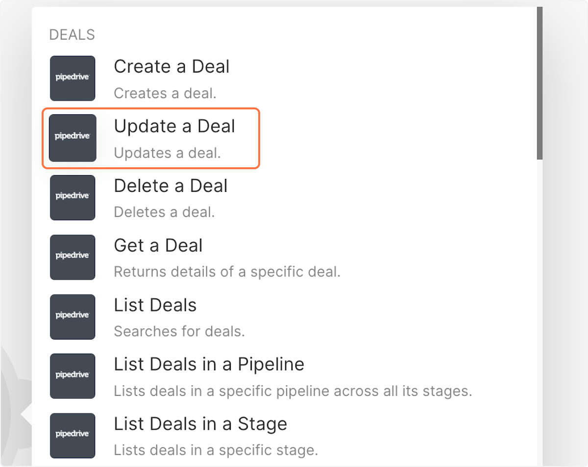 Select "Update a deal" event for the new module