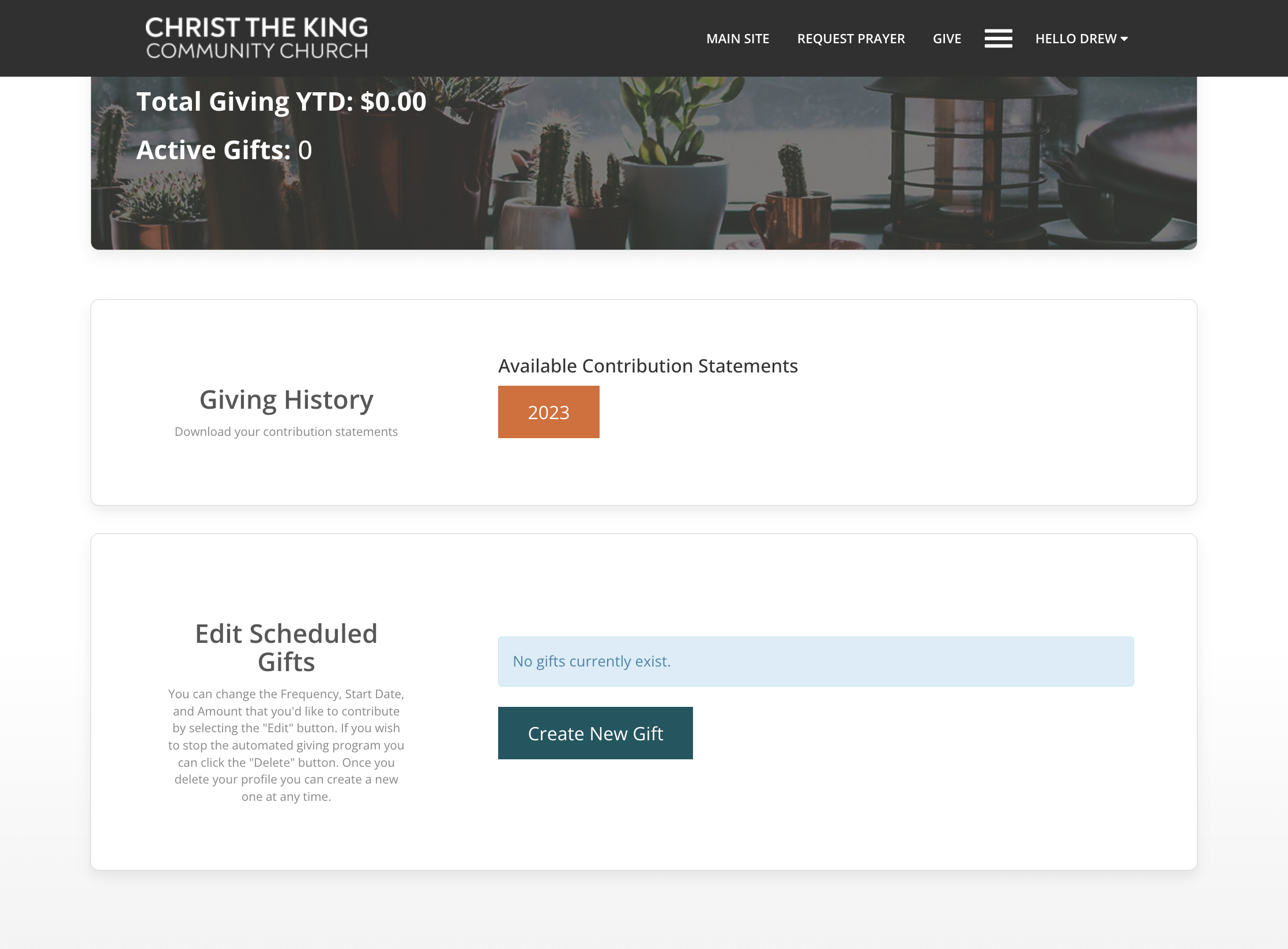 On the "Manage my Giving" page, click on the "2023" Contribution Statement.