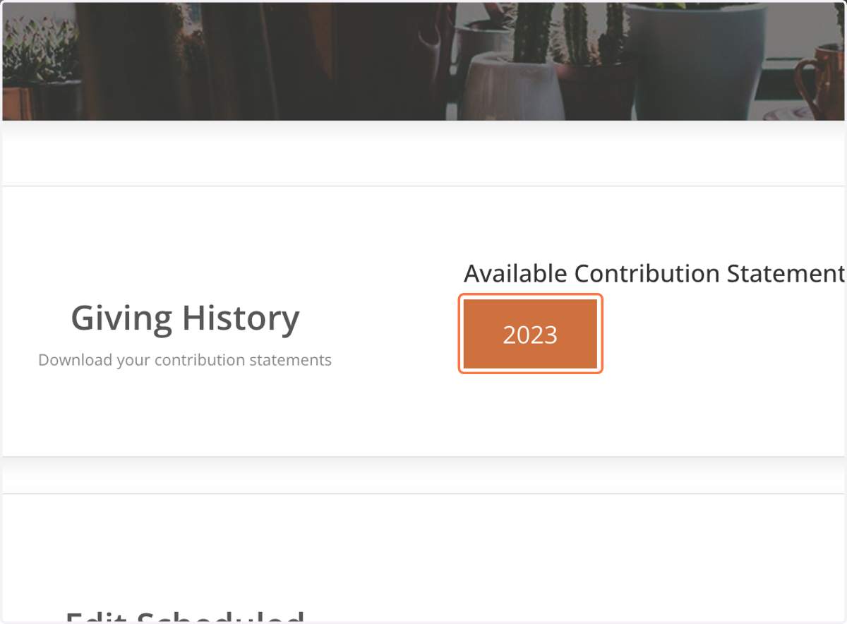 On the "Manage my Giving" page, click on the "2023" Contribution Statement.