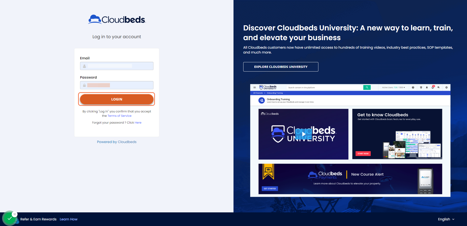 Enter your Cloudbeds Email and Password and click on LOGIN