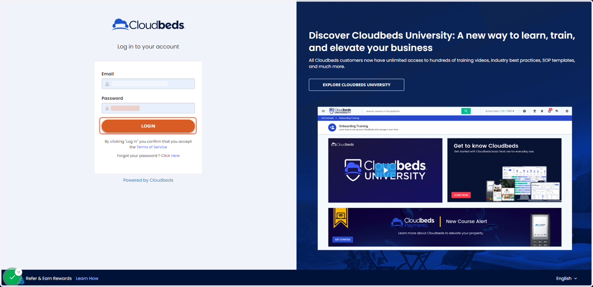 Enter your Cloudbeds Email and Password and click on LOGIN
