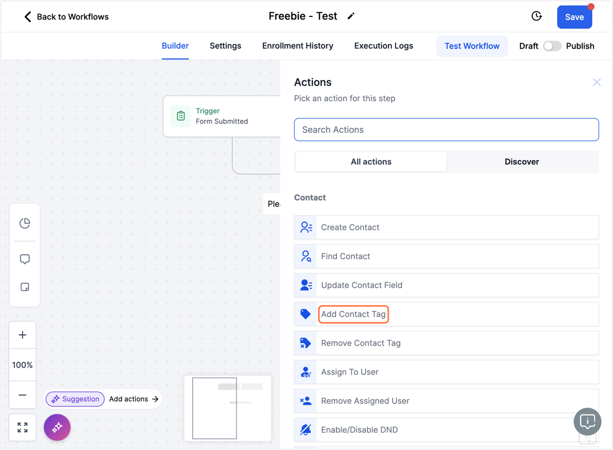 Klik på + Add Action og vælg action - Add Contact Tag