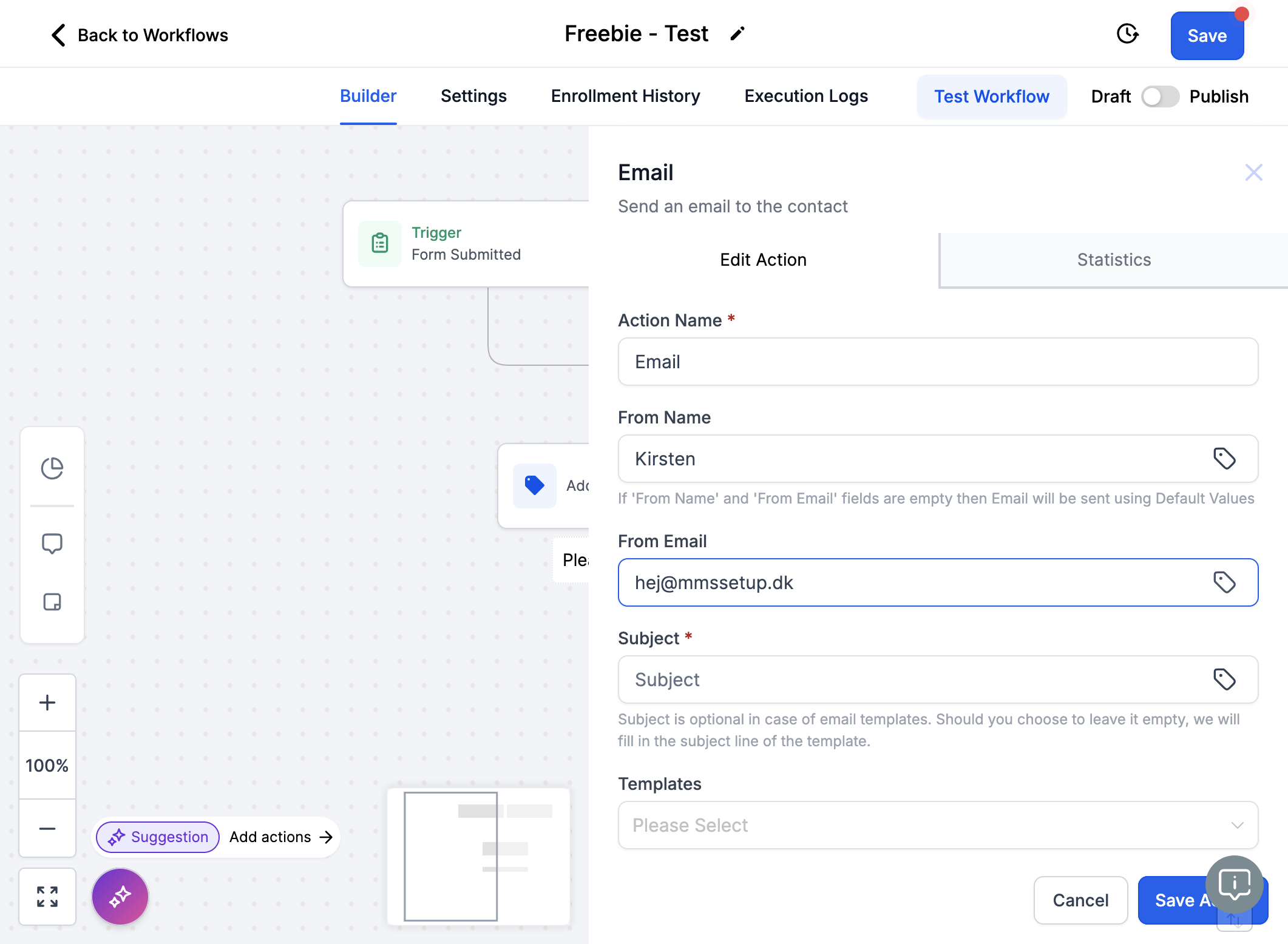 Udfyld din email i feltet "From Email" fx "hej@mmssetup.dk"