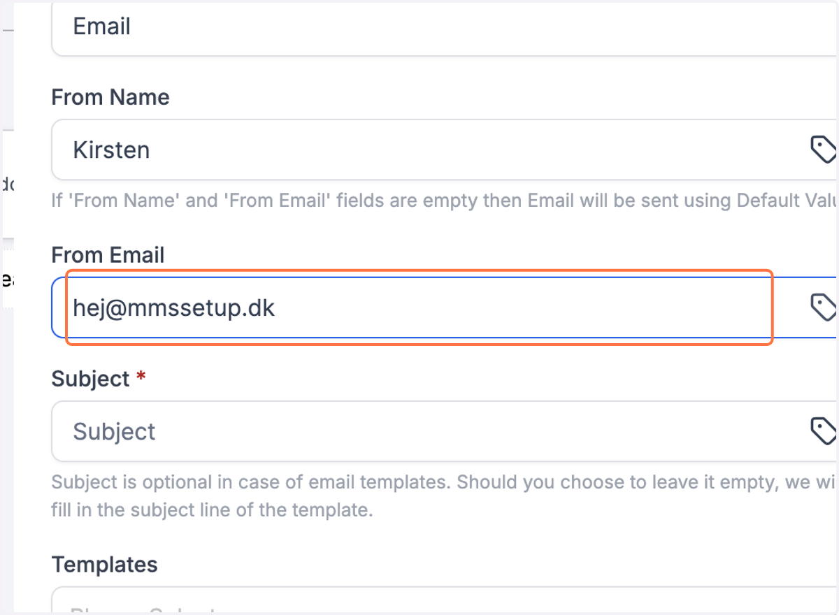 Udfyld din email i feltet "From Email" fx "hej@mmssetup.dk"