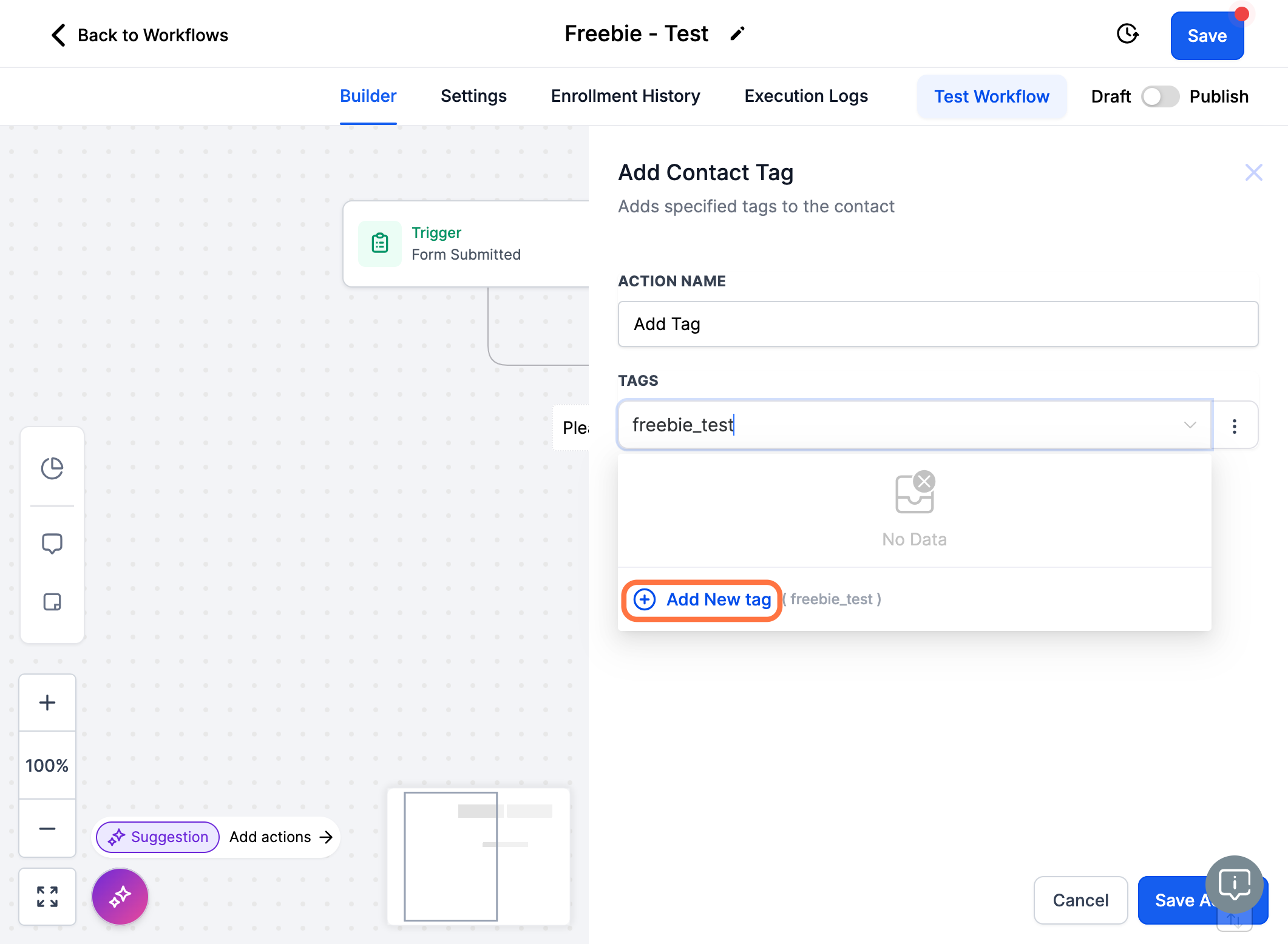 Skriv hvad dit tag skal hedde fx "freebie_test" og klik på "Add New tag"